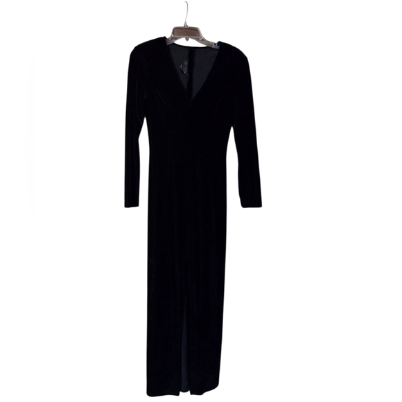 Scott McClintock Dresses & Skirts - Vtg Scott McClintock Velvet Maxi Dress Black V Neck Front Slit Form Fitting Sz 6